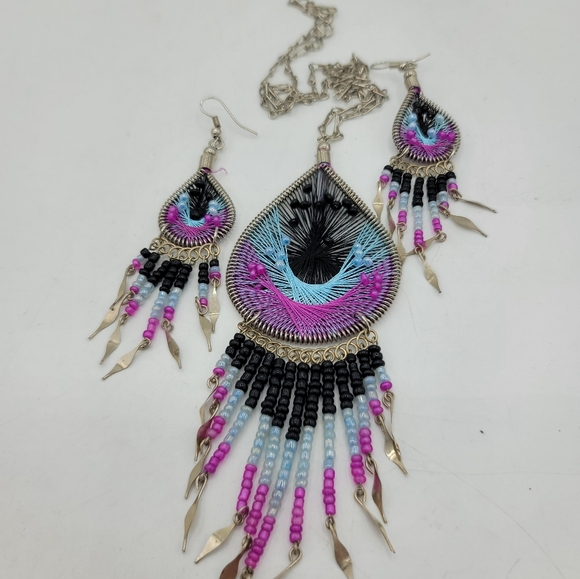 Boho Thread Art Necklace & Earrings Set Beaded Fringe Festival Jewelry Vintage - Picture 6 of 14